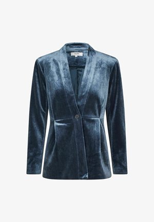 Marineblauwe fluwelen blazer met een enkele knoopsluiting, gestructureerde revers en lange mouwen. Gladde textuur met een licht glanzend effect.