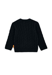 Suéter negro de punto con un patrón de trenzas, mangas largas, cuello redondo y un dobladillo acanalado. Incluye una pequeña etiqueta amarilla en el lateral.