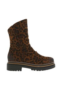 Bottes montantes en léopard en daim, avec un talon bloc, une semelle en caoutchouc noir et un design texturé avec un haut incurvé.