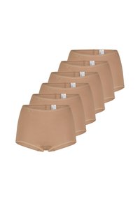 Beige puuvillabokserit kuuden pakkauksessa. Ominaisuuksiin kuuluu yksinkertainen muotoilu, joustavat vyötärönauhat ja ommellut reunat kestävyden ja mukavuuden takaamiseksi.