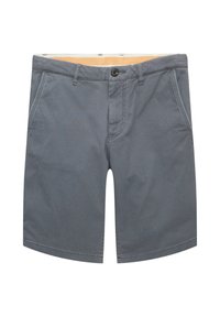 Shorts décontractés texturés gris pour hommes avec poches avant, fermeture à boutons et passants pour ceinture, présentés sur un fond blanc.