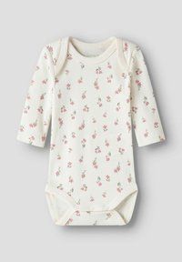 Langærmet babybody i cremefarve med blomsterprint. Har rosa blomster og grønne blade samt trykknapper i bunden. Blødt bomuldsmateriale.