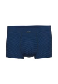 Navy blue boxer shorts made of soft fabric, featuring horizontal stripes, a comfortable waistband, and a fitted design.