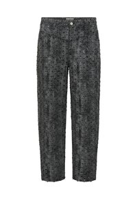Pantalons taille haute gris foncé texturé avec un motif de petits points en relief, bouton de fermeture à l'avant et jambes fuselées.