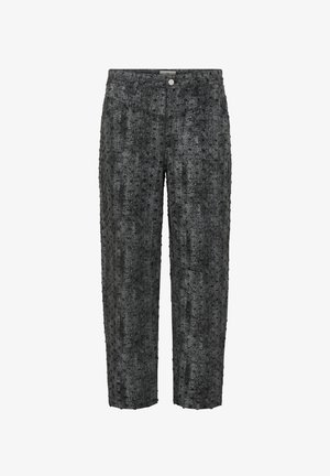 Textūruoti tamsiai pilki aukšto liemens šortai su subtiliu pakeltu taškų raštu, priekinis mygtukų užsegimas ir siaurėjantys kojų galai.