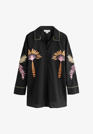 Fekete hosszú ujjú, gombos ing gallérral, elején és ujjain pink, barna és sárga hímzett pálmafákkal díszítve.