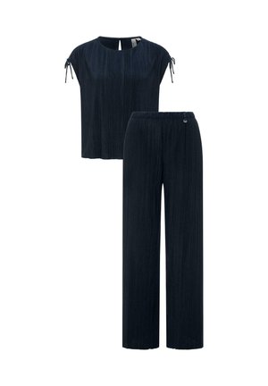 Mørkeblå plisseret top med korte ærmer og bindedetaljer samt matchende plisserede bukser med vide ben og elastisk talje.