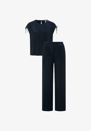 Mørkeblå plisseret top med korte ærmer og bindedetaljer samt matchende plisserede bukser med vide ben og elastisk talje.