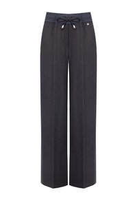 Pantaloni larghi grigio scuro con vita a cordoncino regolabile nera e un piccolo dettaglio con bottone metallico sul lato superiore destro.