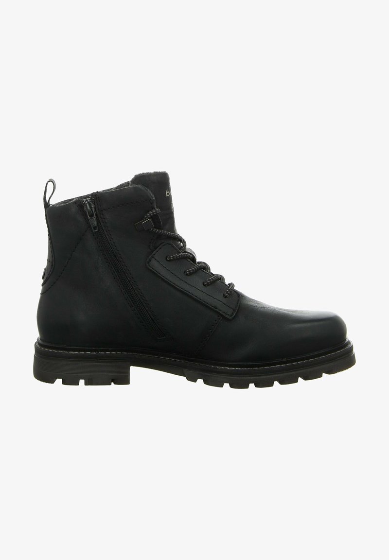Black leather ankle boot with lacing and side zipper. Features a round toe, textured surface, and sturdy rubber sole with grooved tread.