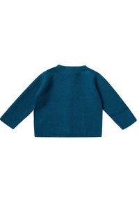 Maglione lavorato a maglia in verde acqua con maniche lunghe, colletto rotondo e un motivo testurizzato. La parte posteriore è uniforme con un orlo dritto.