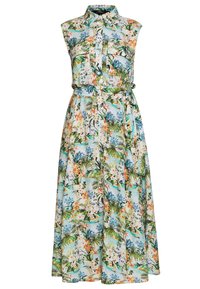 Blommig maxiklänning med knäppning fram, ärmlös design och bälte i midjan. Har mönster i blått, grönt och orange på ett ljust tyg.