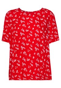 Blusa rossa a maniche corte con piccoli motivi floreali bianchi e blu sparsi e scollatura rotonda.