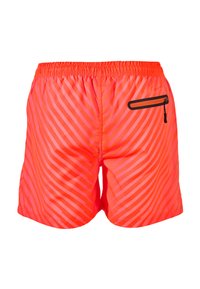 Neon oranje zwemshorts met horizontale strepen, elastische tailleband en een ritszak aan de achterkant. Glad, lichtgewicht materiaal.