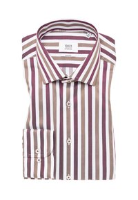 Camicia a righe nei toni del marrone, bordeaux e bianco, con un design slim fit, colletto button-down e polsini abbinati.