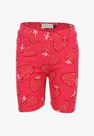 Rode geribbelde shorts met een all-over groot aardbeienpatroon in roze en rood, voorzien van een brede elastische tailleband en een merkje aan de binnenkant.
