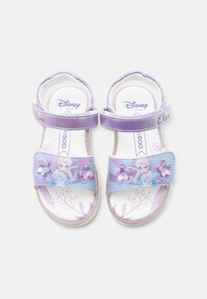 Παιδικά σανδάλια σε μωβ και άσπρο χρώμα με εκτύπωση της Έλσα από το Frozen και λαμπερά λουλουδένια διακοσμητικά, με ρυθμιζόμενα λουράκια με το κείμενο "Elsa".