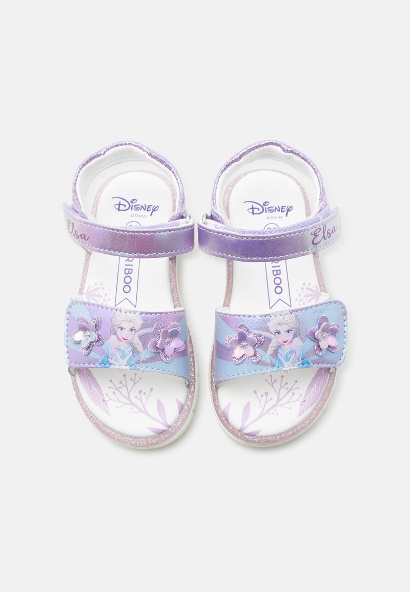 Παιδικά σανδάλια σε μωβ και άσπρο χρώμα με εκτύπωση της Έλσα από το Frozen και λαμπερά λουλουδένια διακοσμητικά, με ρυθμιζόμενα λουράκια με το κείμενο "Elsa".