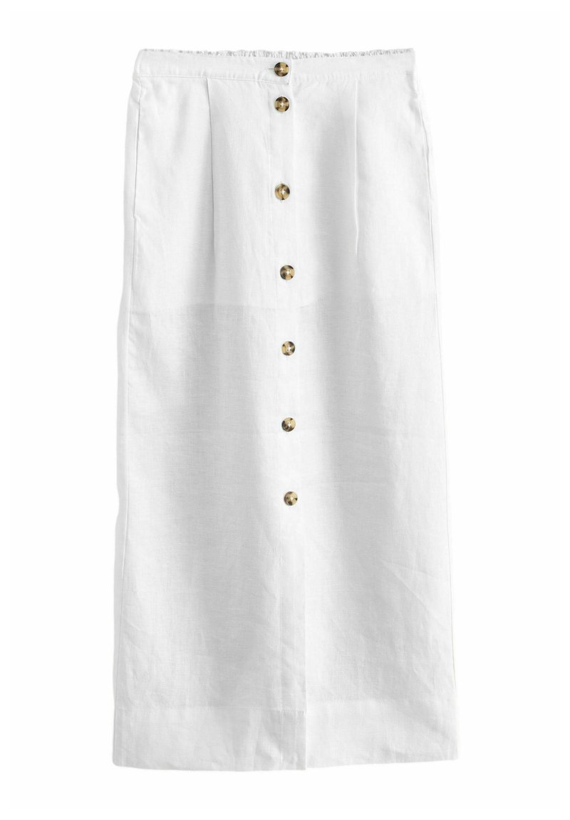 Jupe en lin blanc avec une fermeture à boutons à l'avant, comportant six boutons dorés, et un design fluide avec une taille froncée.