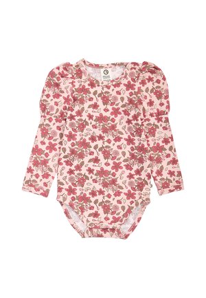 Lyserød baby-body med lange ærmer og puffede skuldre, dekoreret med et rødt og brunt blomsterprint.