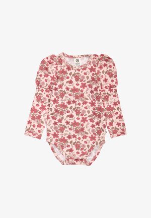 Pinkes Baby-Body mit langen Ärmeln und Puffärmeln, verziert mit einem roten und braunen Blumenmuster.