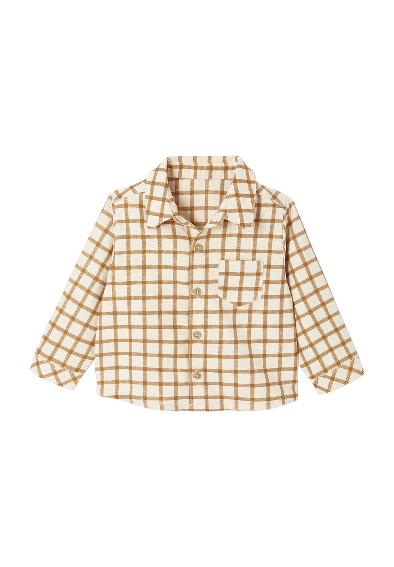 Beige- und weiße karierte Bluse mit langen Ärmeln, Knopfverschluss, Kragen und einer Brusttasche; aus weichem, leichtem Stoff gefertigt.