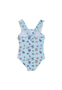 Enkeltbitar baddräkt i ljusblått med mönster av snäcka och sjöstjärnor. Har volangremmar, bekväm foder och en figursydd silhuett.