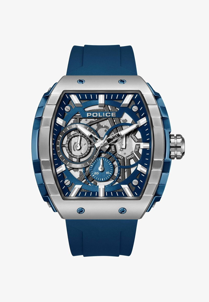 Orologio con cinturino in silicone blu e cassa quadrata in acciaio inossidabile. Caratterizzato da un quadrante texturizzato blu e argento, lancette luminous e tre sottodial.