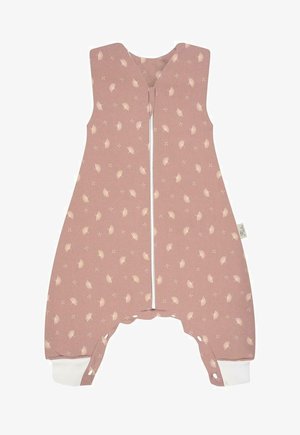 Pink sleep suit featuring a feather pattern, soft fabric, zip closure in the front, and white cuffs at the ankles.