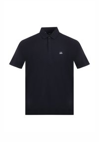 Polo shirt corto navy scuro in cotone, con colletto classico e un piccolo logo sul petto. Tessuto liscio.