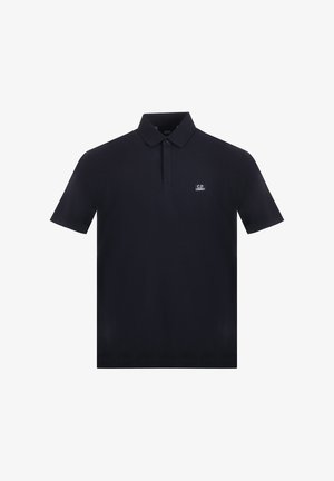Polo shirt corto navy scuro in cotone, con colletto classico e un piccolo logo sul petto. Tessuto liscio.