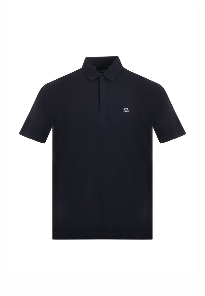 Polo shirt corto navy scuro in cotone, con colletto classico e un piccolo logo sul petto. Tessuto liscio.