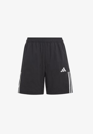 Schwarze Shorts mit elastischem Bund, ausgestattet mit drei weißen vertikalen Streifen auf einer Seite und einem weißen Logo auf der vorderen linken Seite. Leichtes Material.