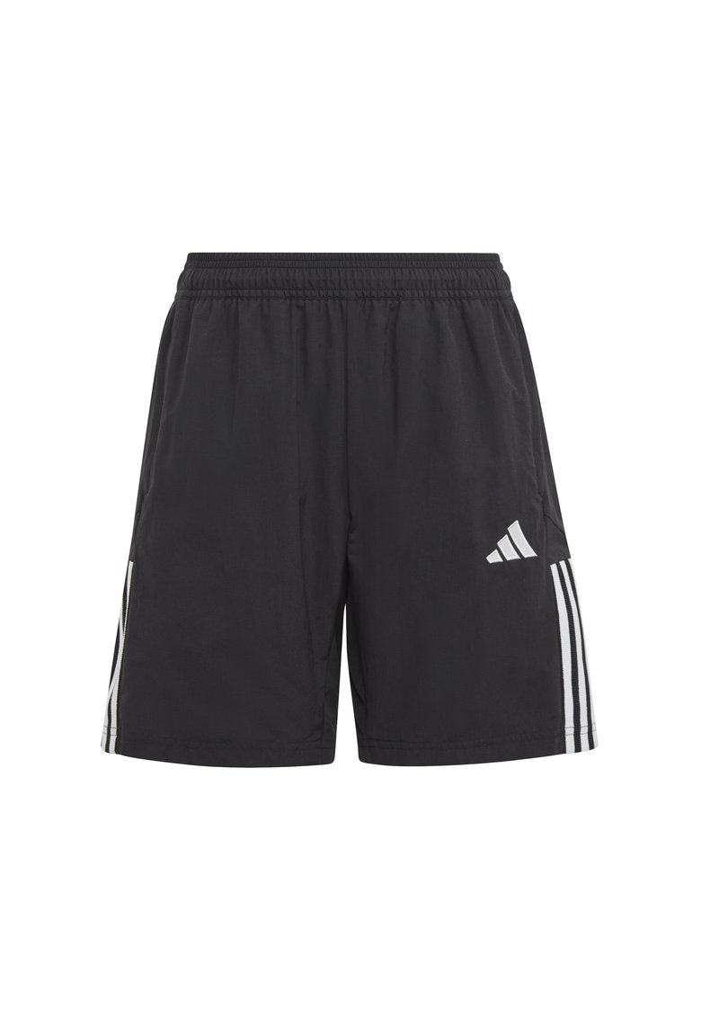 Schwarze Shorts mit elastischem Bund, ausgestattet mit drei weißen vertikalen Streifen auf einer Seite und einem weißen Logo auf der vorderen linken Seite. Leichtes Material.