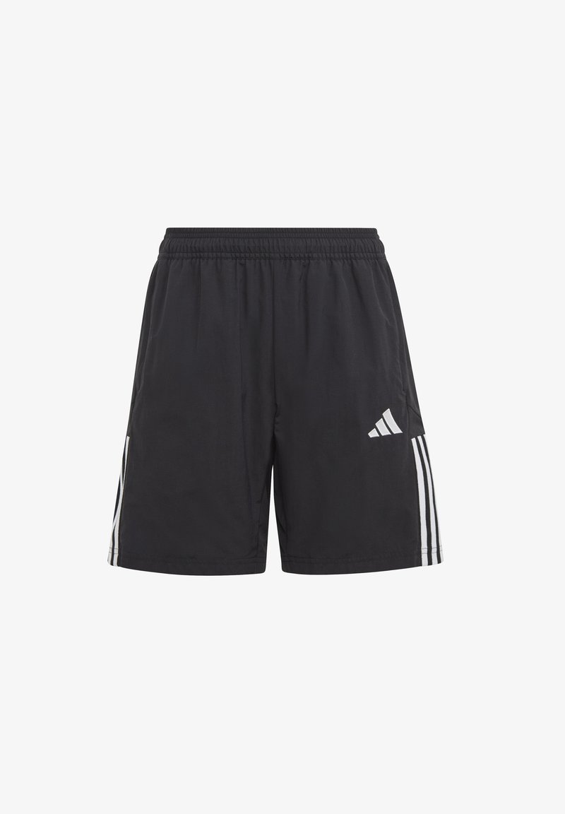 Schwarze Shorts mit elastischem Bund, ausgestattet mit drei weißen vertikalen Streifen auf einer Seite und einem weißen Logo auf der vorderen linken Seite. Leichtes Material.