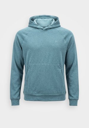 Hele sinine pikkade varrukatega kapuutsiga dressipluus esist taskut ja väikest Nike logo vasakul rinnal, esitatuna valgel taustal.