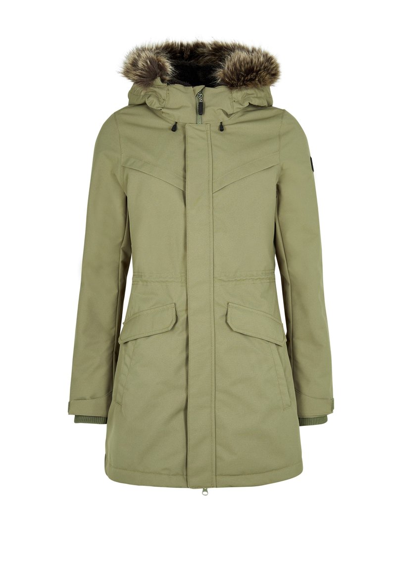 Khaki parka-jack met een met bont gevoerde capuchon, ritssluiting en knoopsluiting, twee voorzakken, geribbelde manchetten en een waterafstotende afwerking.