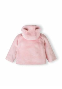 Rosa Kunstfelljacke mit Kapuze, die über abgerundete Ohren verfügt, langen Ärmeln und einer weichen Textur. Glatte Oberfläche ohne zusätzliche Muster.