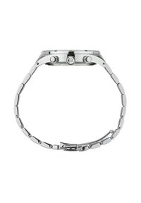 Montre en acier inoxydable argenté avec un boîtier rond, trois boutons-poussoirs et un bracelet à maillons présentant des finitions polies et satinées.