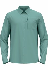 Light teal long-sleeve button-up shirt made of smooth fabric, featuring a front pocket, pointed collar, and white stitching accents.