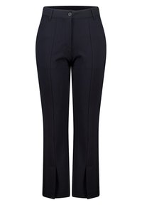 Zwarte op maat gemaakte broek met rechte pijpen, voorzien van twee plooien aan de voorkant en zijsplitsingen bij de zoom. Gemaakt van een lichtgewicht stof.