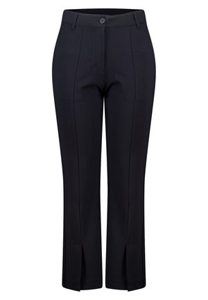 Zwarte op maat gemaakte broek met rechte pijpen, voorzien van twee plooien aan de voorkant en zijsplitsingen bij de zoom. Gemaakt van een lichtgewicht stof.