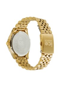 Goldfarbener Edelstahluhren mit Solarenergie, achteckigem Gehäuse und Gliederarmband. Mit transparentem Gehäuseboden und eingraviertem Logo auf der Schließe.