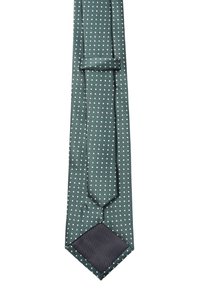 Cravatta verde con texture a coste verticali e pois bianchi. Presenta una punta angolata e un retro a righe nere.