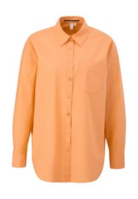 Lys orange button-up skjorte med lange ærmer, krave og en enkelt brystlomme. Glat, letvægtsstof med en afslappet pasform.