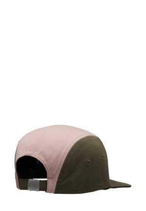 Cap with a pink crown and olive green visor and back. Features stitched panels and ventilation holes. Adjustable strap at the back.