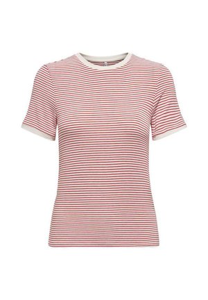 Short-sleeve white T-shirt with thin horizontal red stripes and a round neckline.