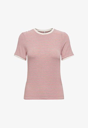 Short-sleeve white T-shirt with thin horizontal red stripes and a round neckline.