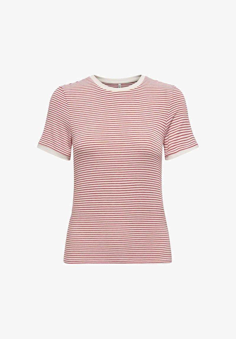 T-shirt blanc à manches courtes avec fines rayures horizontales rouges et col rond.