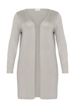 Hellgrauer Cardigan mit V-Ausschnitt, langen Ärmeln und offenem Design, aus einem weichen, strukturierten Stoff, der bis zur Mitte des Oberschenkels reicht.